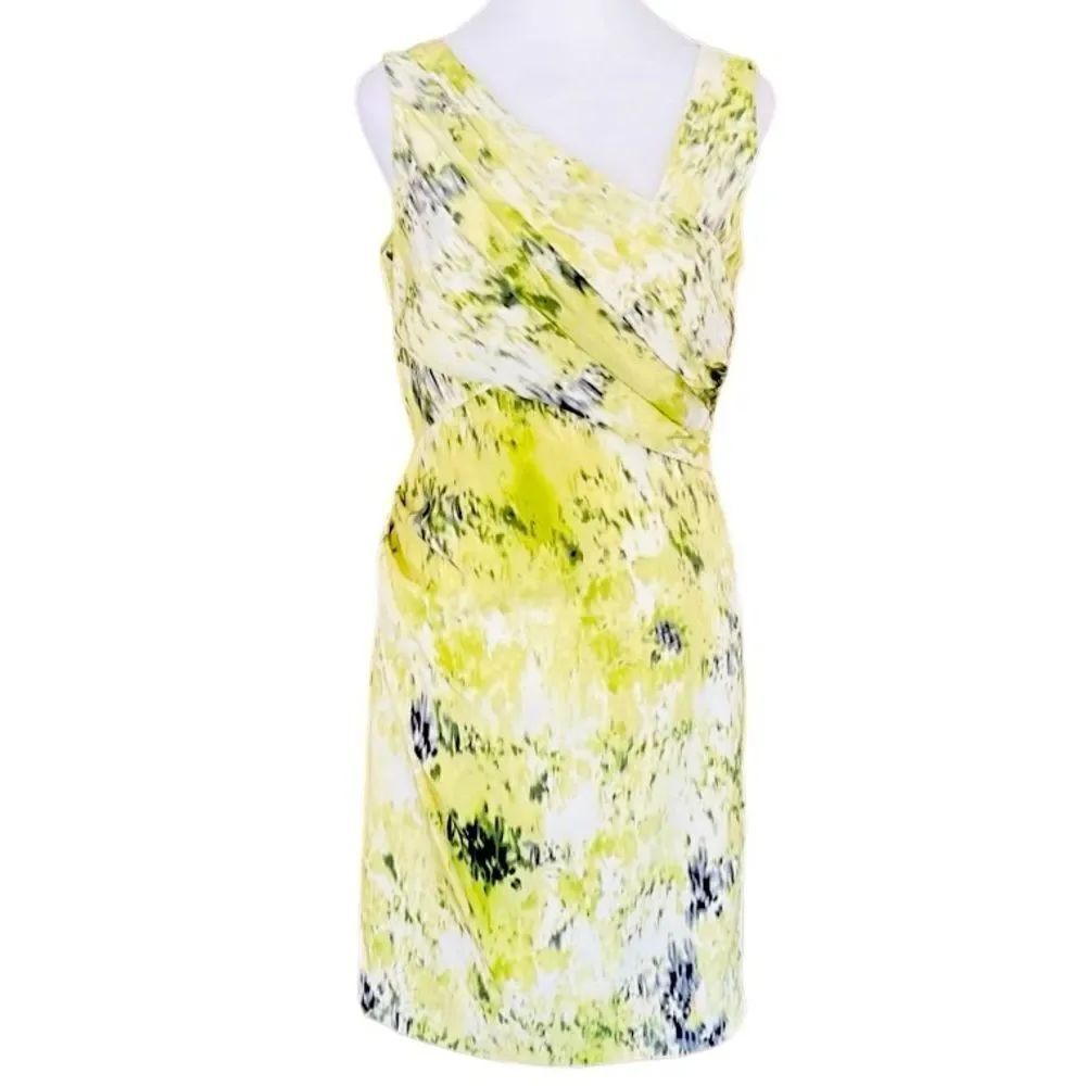 Ann Taylor 91% silk & spandex Assymetrical Neck green Watercolor Sheath Dress